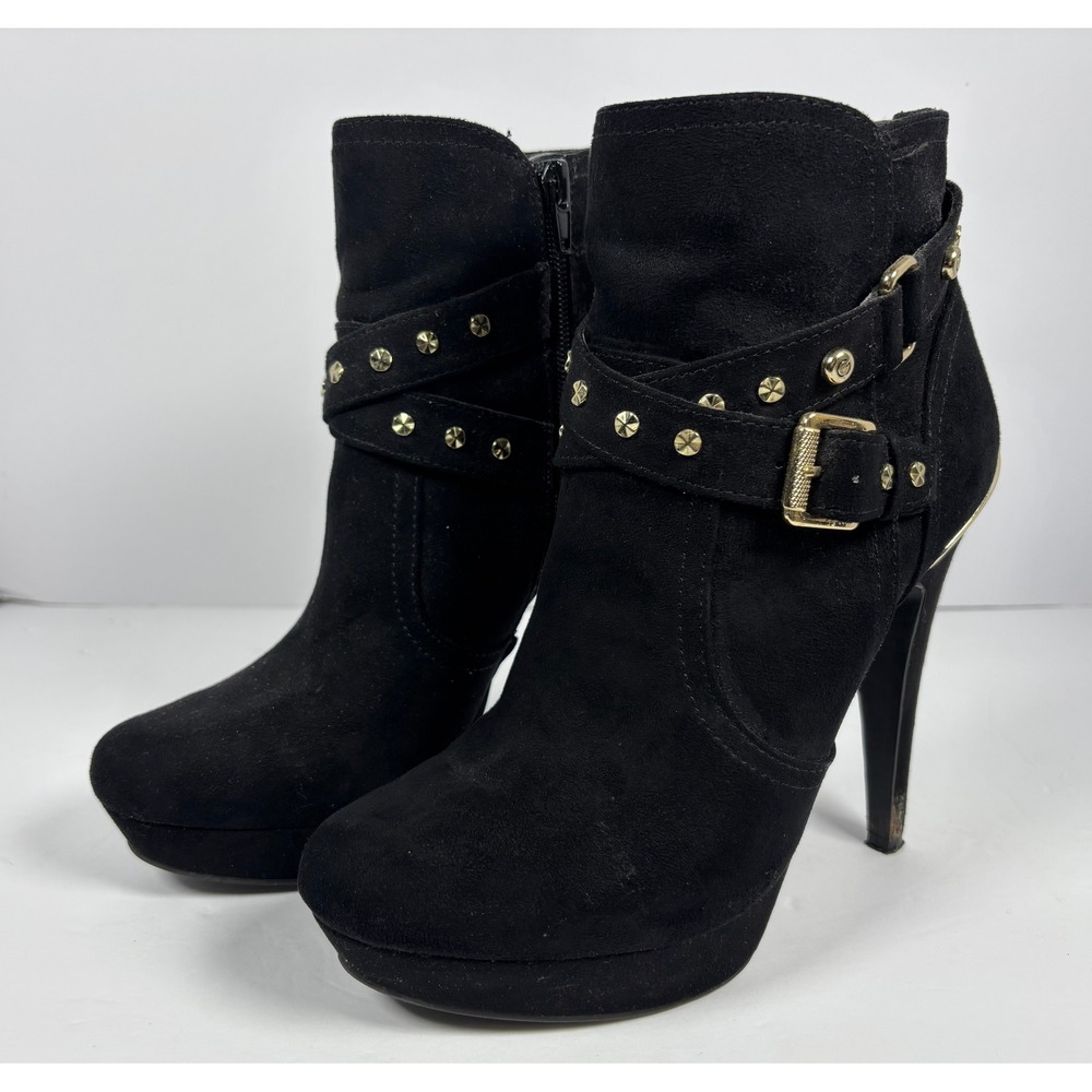 G by Guess GGDEEKA Black Faux Suede Studded Buckle Platform Stiletto Ankle Boots